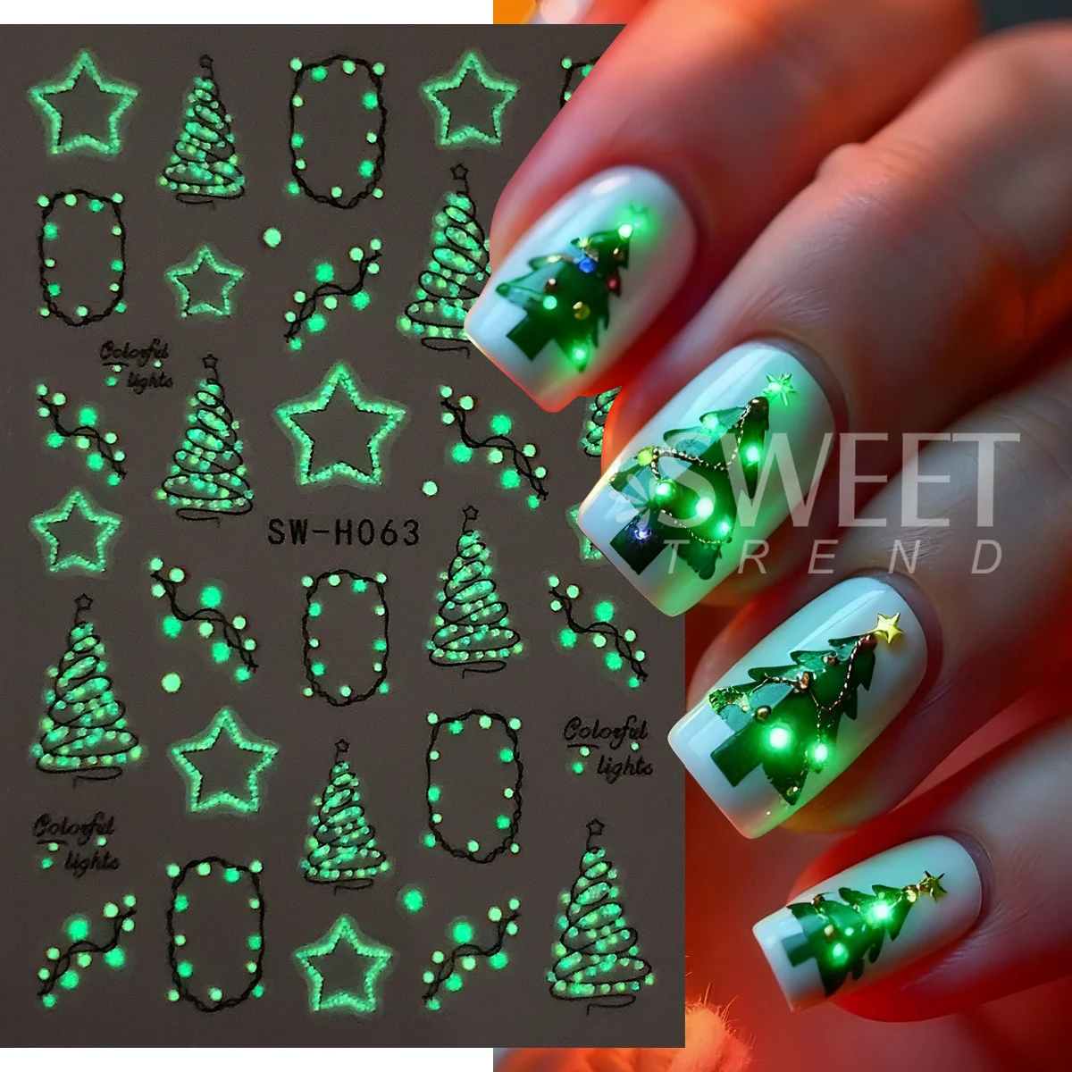 2 قطعة ضوء عيد الميلاد مضيئة مسمار ملصق بسيط شجرة عيد الميلاد ستار لاصق الشارات توهج في الظلام ليلة الإبداعية الشتاء مانيكير #2