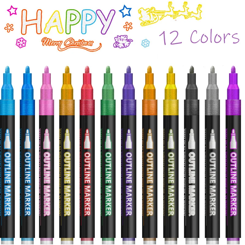 

8/12 цветов, двойные контурные маркеры, гладкие для фестивальной живописи, вечерние рисунки, написание поздравительных открыток, товары для рукоделия «сделай сам»