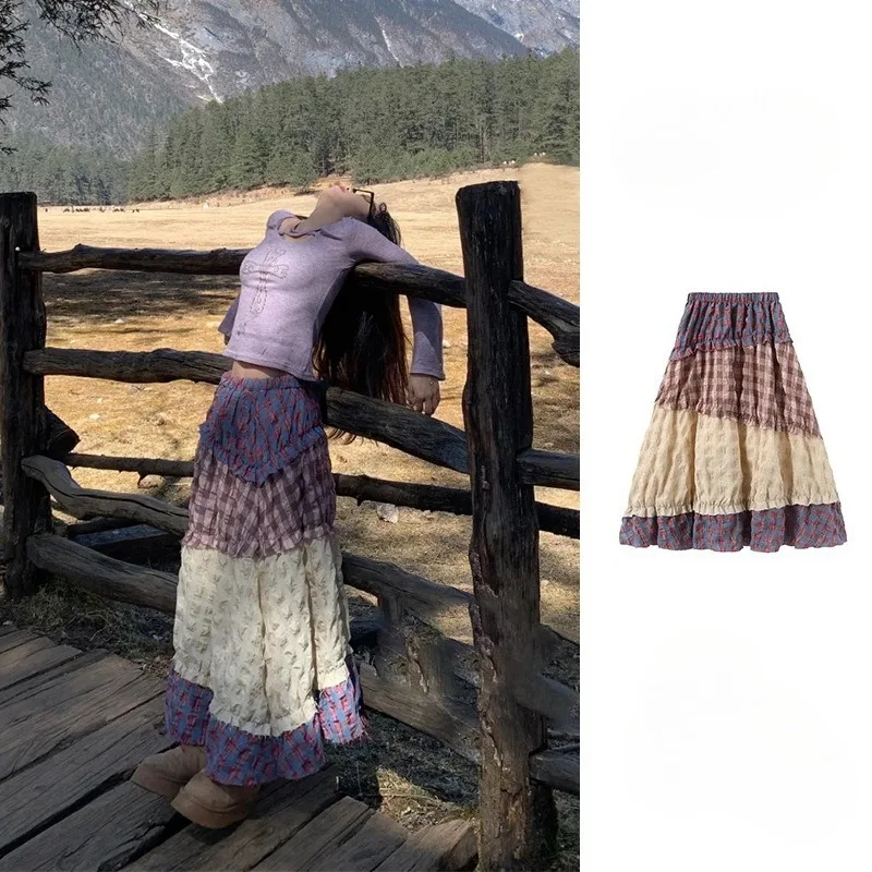

Retro Color Matching Pengpeng Cake Skirt Women's High Waist Loose A-shaped Skirt in 2025