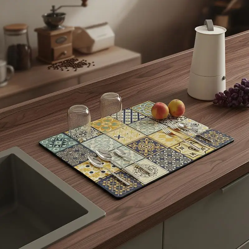 Bohemian Print Diatom Absorbent Drain Pad Non-slip Scratch Resistant Kitchen Mat for Countertop Dish Drying