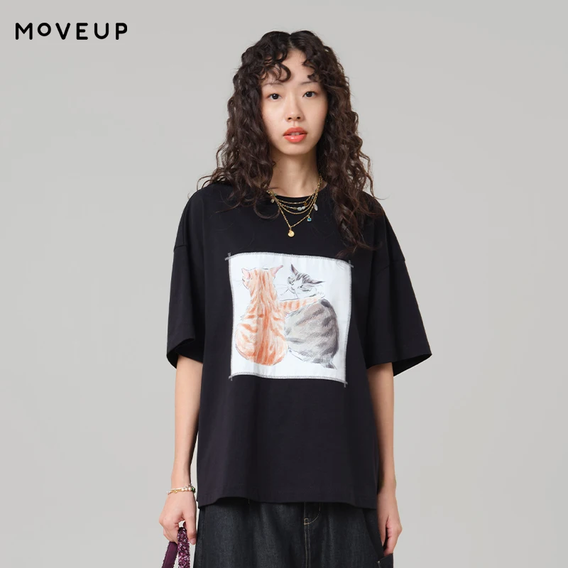 

MOVEUP Round Neck Short Sleeved T-Shirt 2026 Summer Drop Sleeves Cat Patch Embroidery Commuting Oversize Tee For Women 3ELX10536