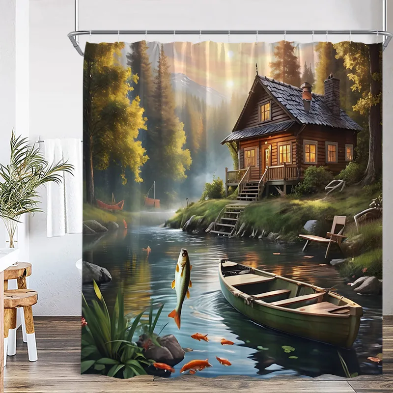 Autumn Rustic Landscape Shower Curtains Cabin Forest Lake Moose Bear Wild Animals Bath Curtain Home Bathroom Decor with Hooks