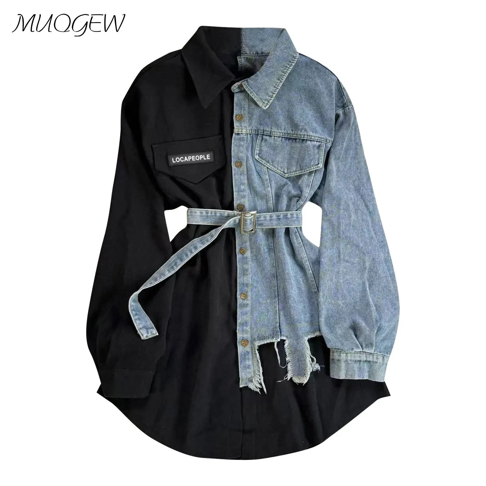 

Denim Patchwork Lapel Dress For Women Summer New Korean Button Lace-Up Dress Fake Chest Pockets Irregular Ripped Shirt Dress