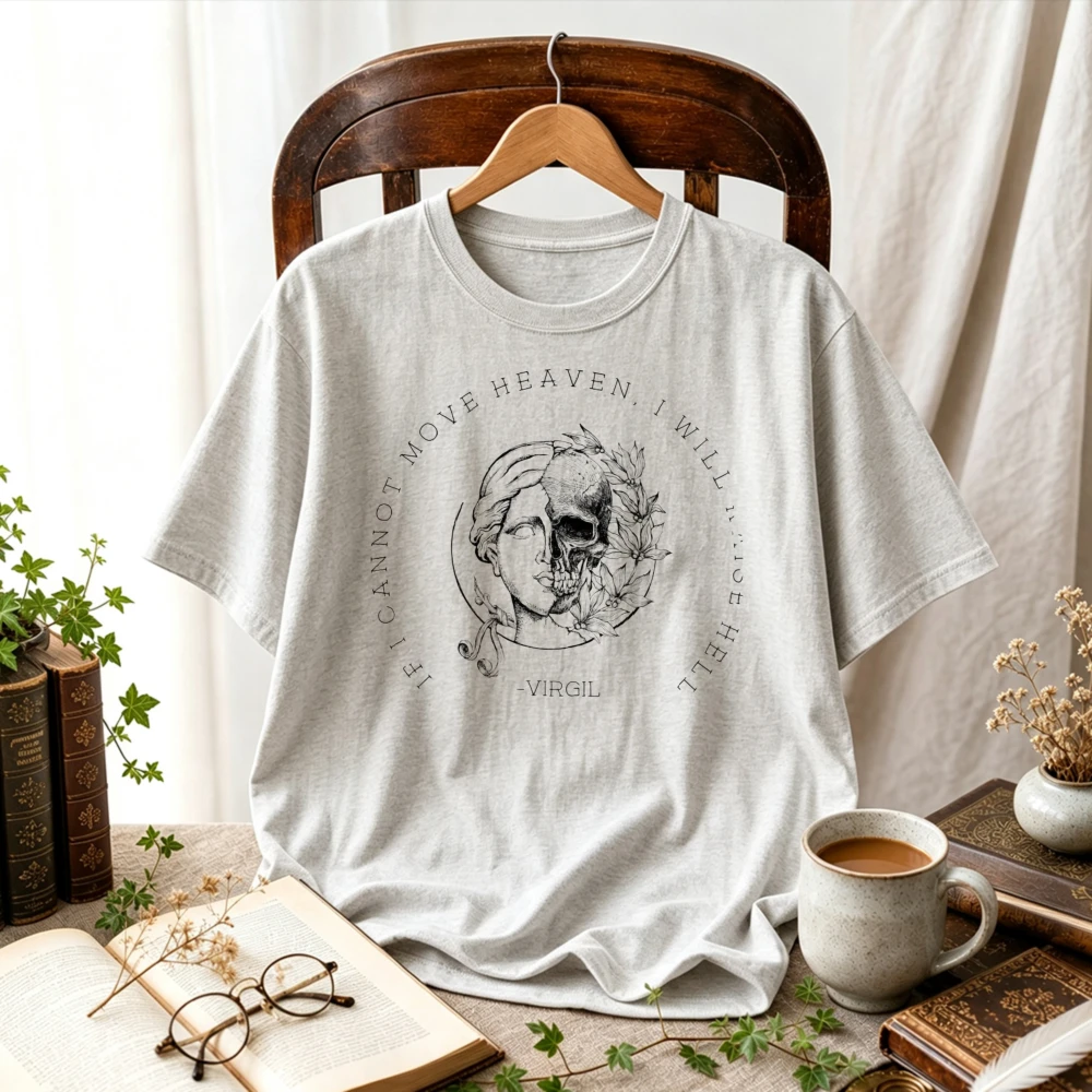 Women If I Cannot Move Heaven I Will Move Hell Virgil Quote Graphic T-Shirt Skull Statue Print  Academia Gothic Literary Tops