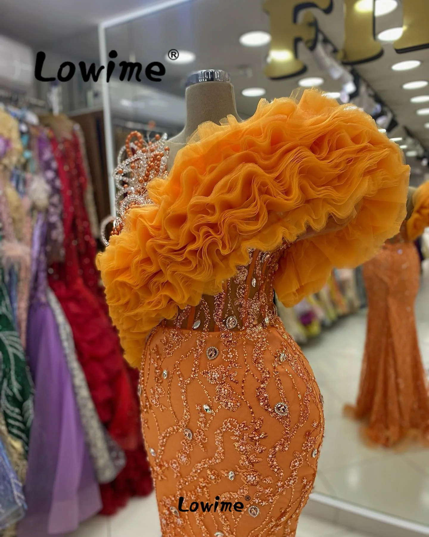 Orange Ruffles Mermaid Prom Dresses 2024 Long Aso Ebi Crystals Wedding Party Dress Robe De Soiree Beading Sequined Evening Gowns