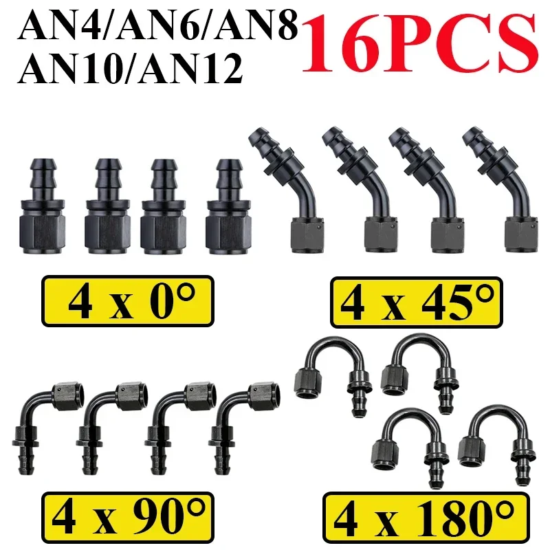 16pcs an4 an6 an8 an10 an12 לדחוף-על צינור קצה הולם דלק שמן קריר הולם 0 45 90 180 מתאם חיבור לשימוש חוזר