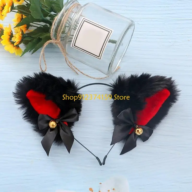 

G5AE Cats Ears Headband Cosplay Furry with Ribbon Bells Plush Furry Hair Hoio