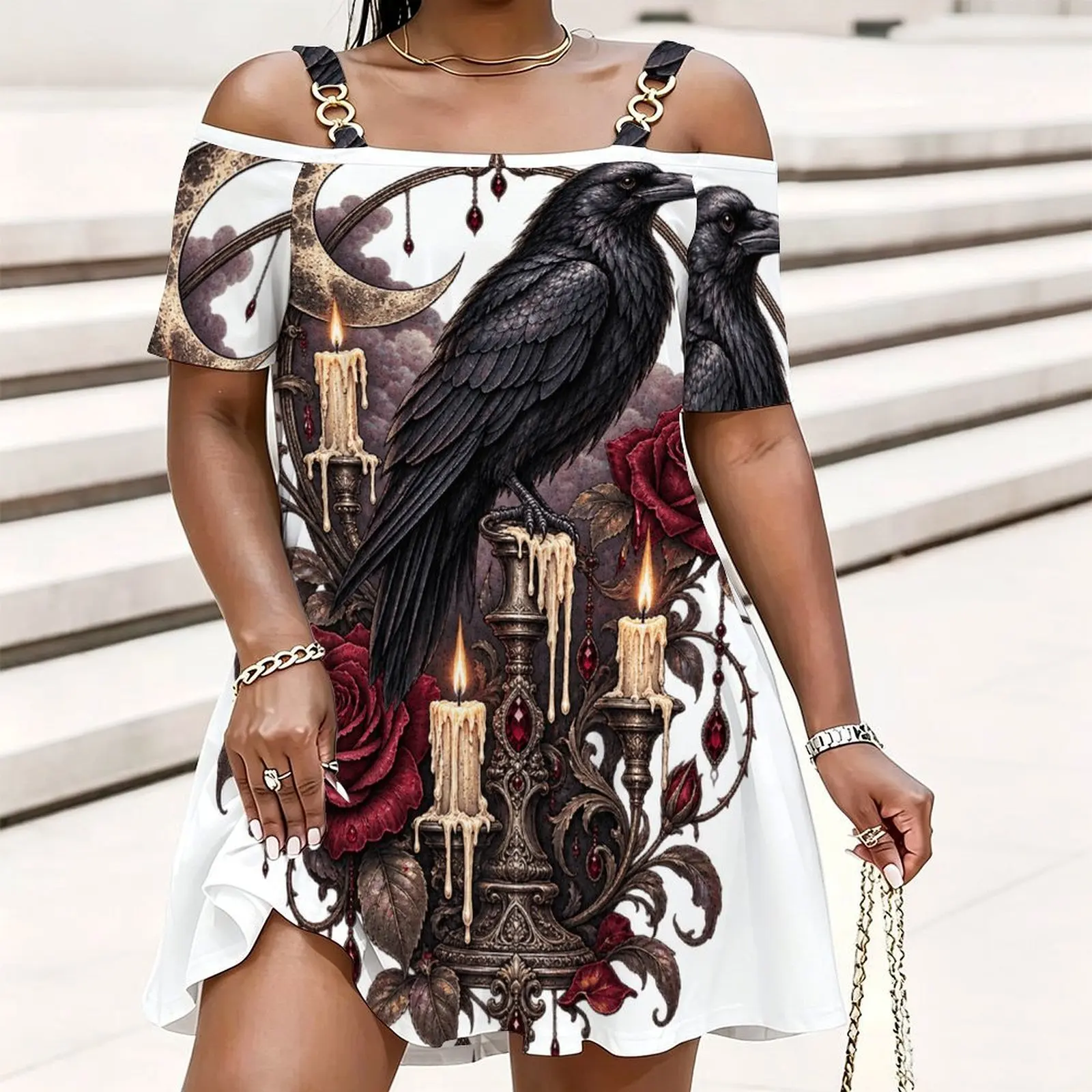 Women Cold Shoulder Chain Strap Short Sleeve Top, Printed Gothic Hourglass Red Rose Bat Candle Pattern