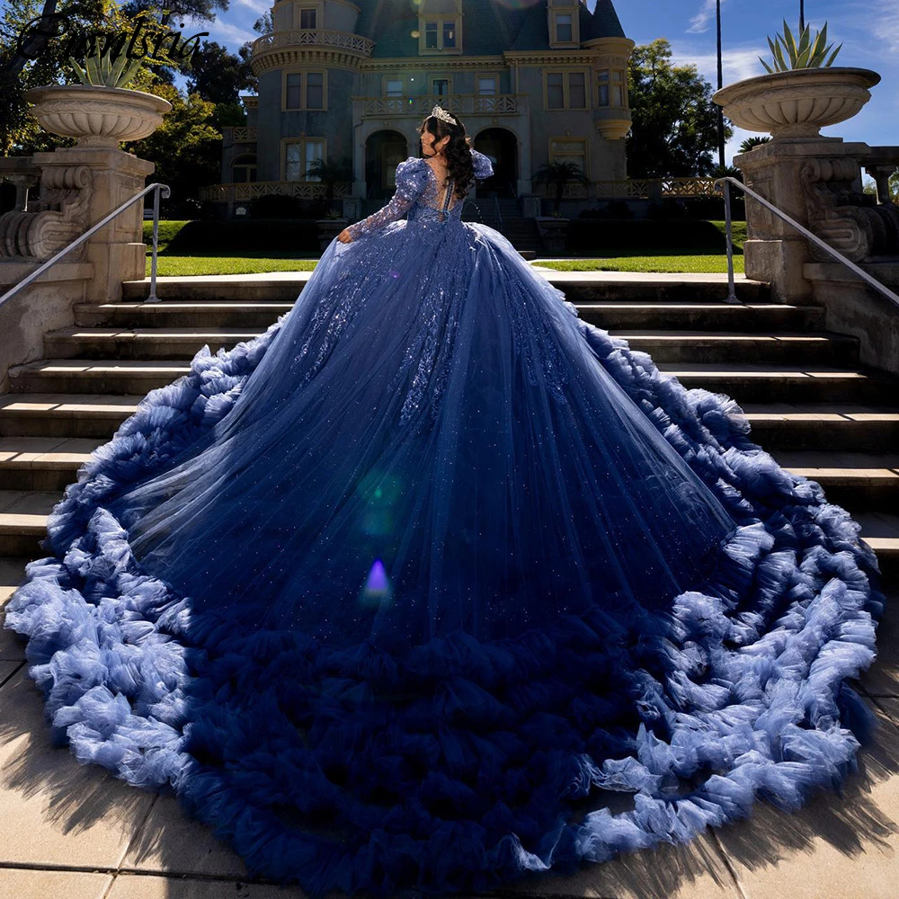 Vestido De baile plisado De tul escalonado, traje De Quinceañera De manga larga con apliques De lentejuelas, corsé De encaje, color azul marino, 15 Años