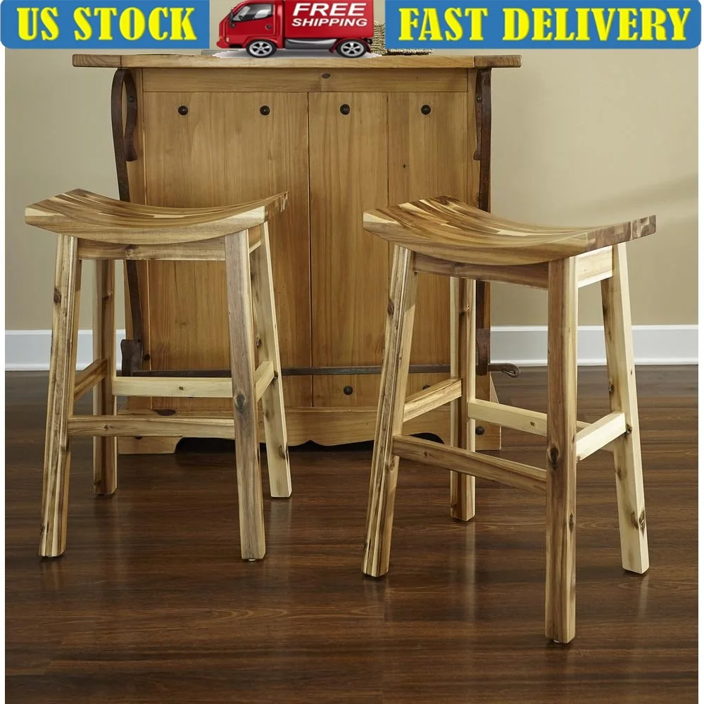 

30 Inch Acacia Wood Saddle Seat Bar Stool Rustic Natural Finish Solid Legs Transitional Design Ideal Kitchen Dining Bar