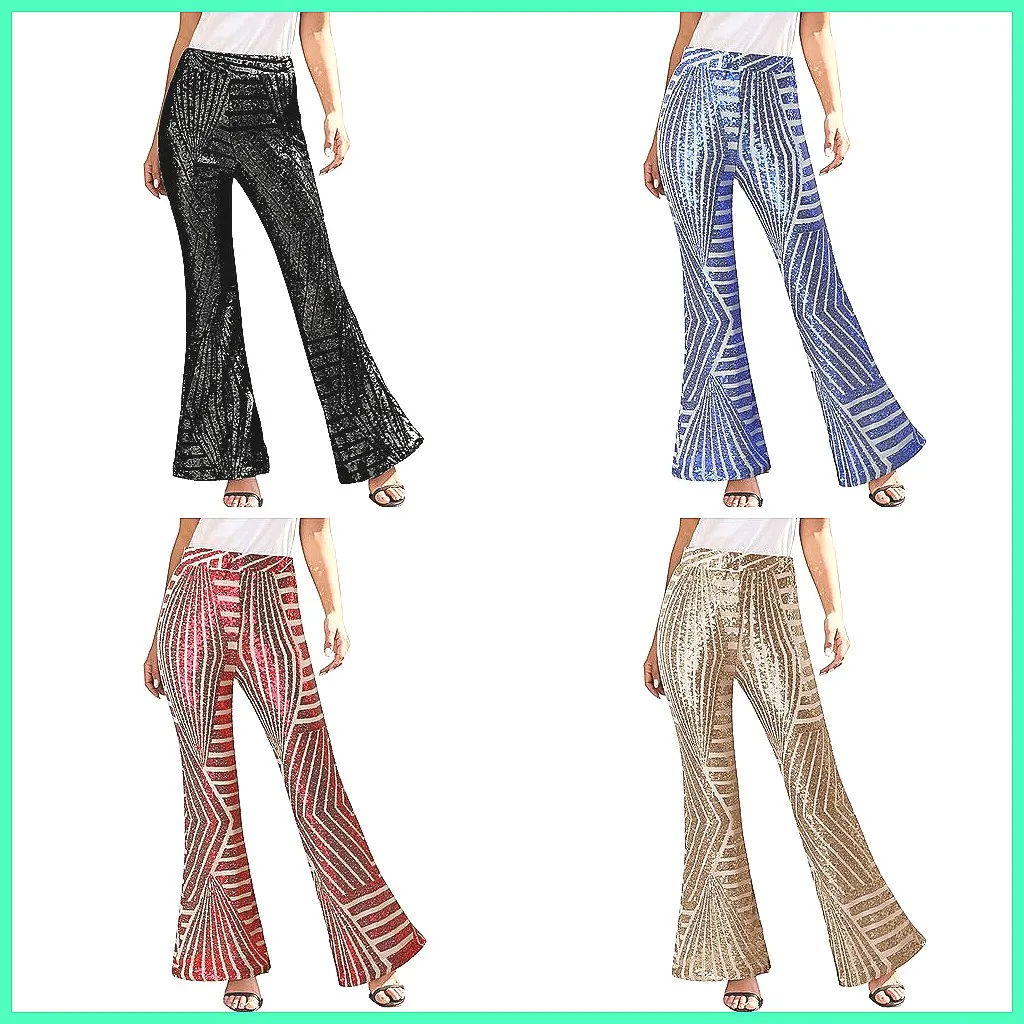 

Sparkly Sequin Bell Bottom Pants for Women, Glitter Wide Leg Party Trousers Clubwear