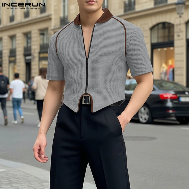 

INCERUN Men Shirt Patchwork Lapel Short Sleeve Zipper Casual Crop Tops Men Summer Streetwear 2026 Fashion Men Cardigan Camisas