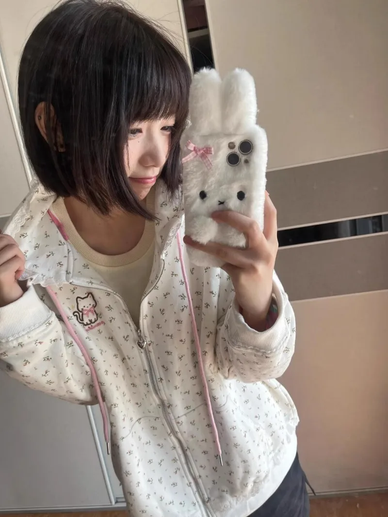 2024 outono e inverno subcultura japonesa dos desenhos animados gatinho bordado bonito rendas com capuz camisola cardigan jaqueta para mulher