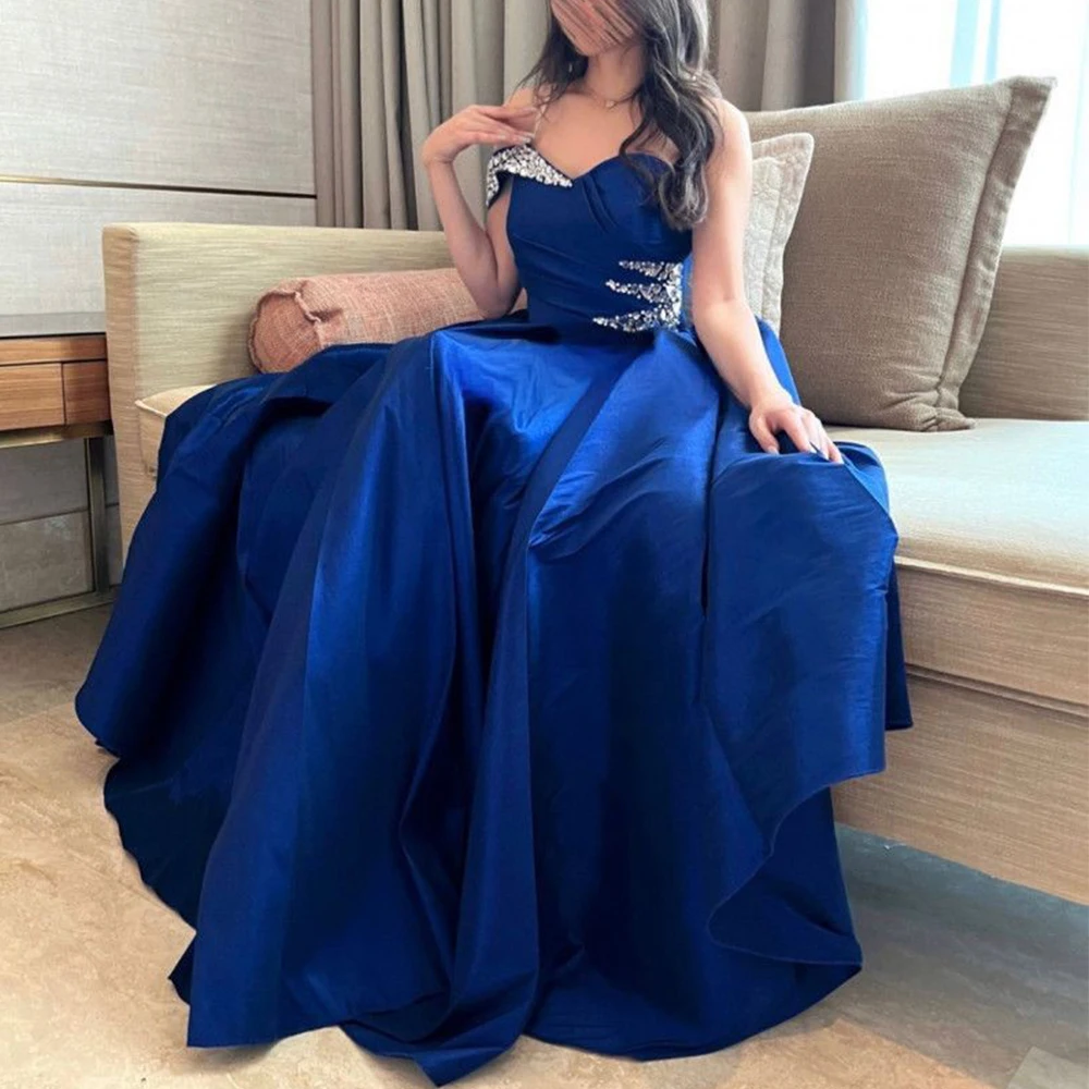 

Royal Blue A-Line Evening Dress Sweetheart One Shoulder Pleat and Beading Women Satin Customized Occasion платье вечернее