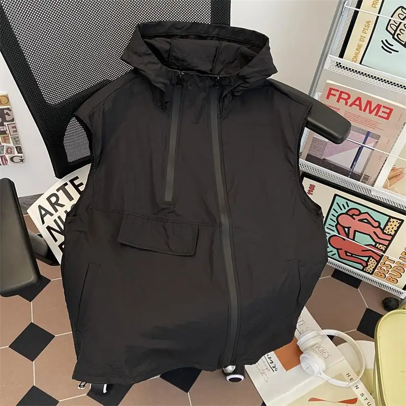 

Street Outdoor Functional Sleeveless Vest Jacket Men Summer Double Zipper American Workwear Style Hood Casual Outerwear