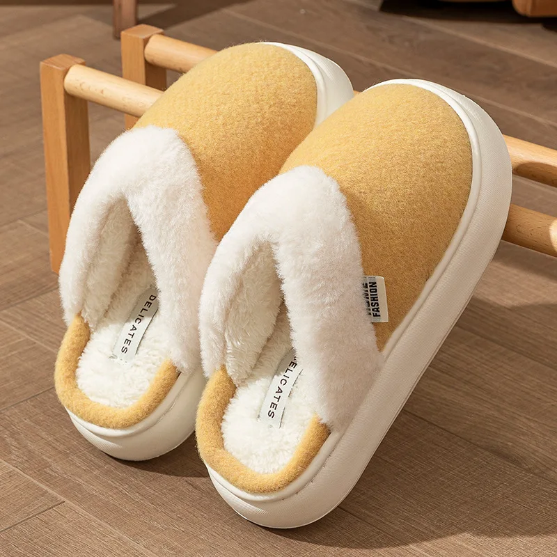 Winter Home Thick Bottom Plush Warm Cotton Slides Simple Comfort Soft Non Slip Couple Slippers Indoor Faux Suede Floor Slippers