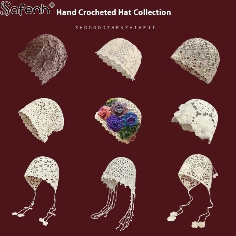 50Types Beanie Hat Fashion Hand Woven Hollow Bowhead Hat Women's Hook Flower Ethnic Wind Su Ear Strap Pullover Knitted Hat