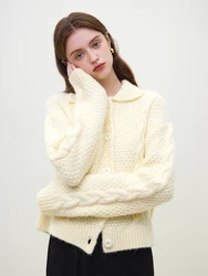 FSLE Sweaters Cardigans Outerwear Women's Spring 2024 New Polo Collar Twisted Flower Wool Knitted Sweater Casual Loose