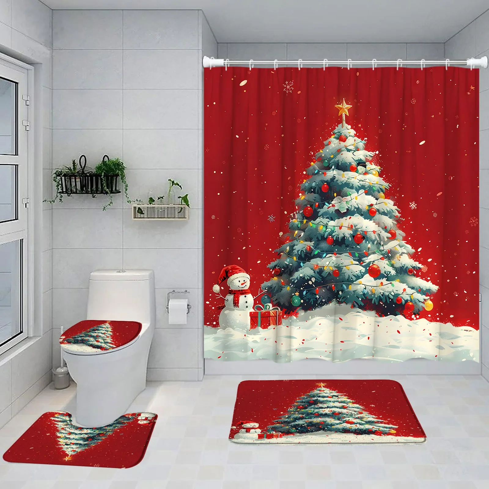 Snowman Merry Christmas Shower Curtain Set Happy New Year Winter Festival Snow Xmas Pine Tree Cartoon Bath Mat Toilet Lid Cover