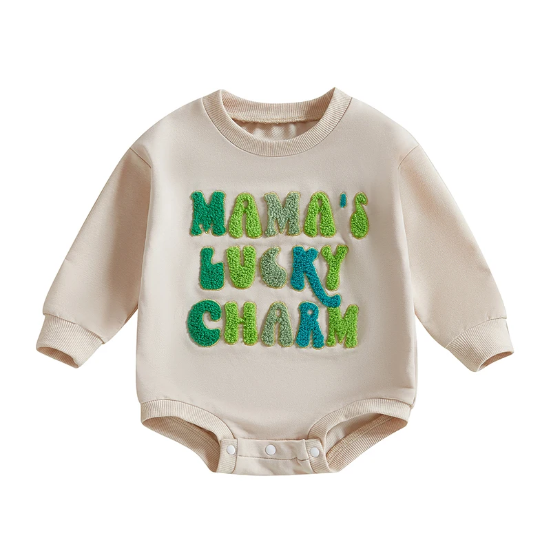 Baby Sweatshirt Romper Letter Embroidered Ribbed Long Sleeve Round Neck Casual Irish Jumpsuits