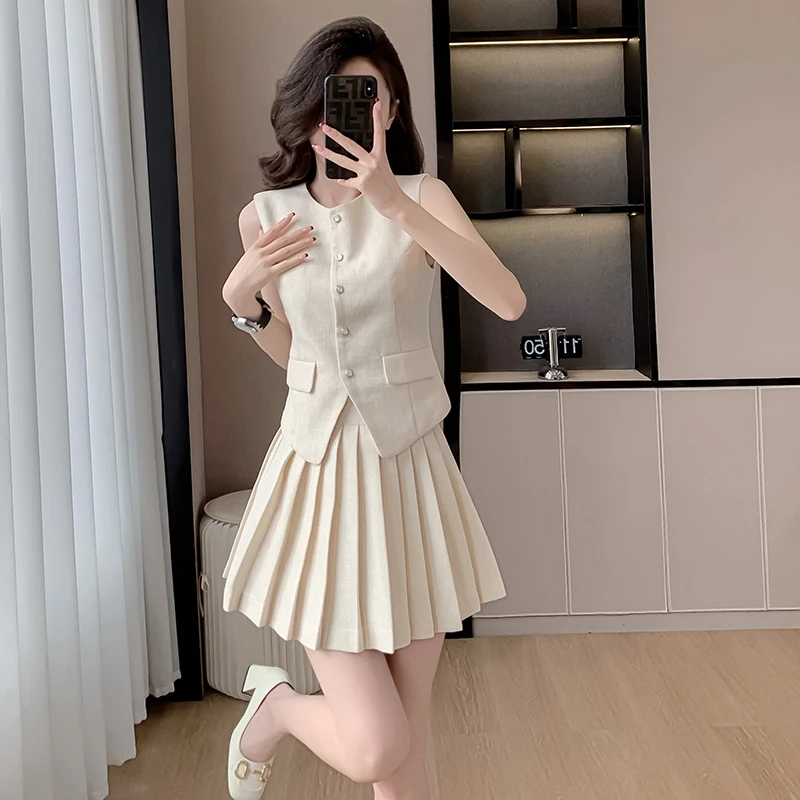 High Quality New Spring Summer Small Fragrant Two Piece Set Women Outfit Short Vest Top + Pleated Mini Skirt 2 Piece Sets