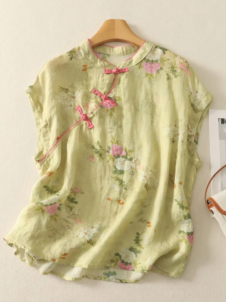 

Новая китайская винтажная хлопково-льняная рубашка для женщин, летняя тонкая улучшенная льняная блузка с принтом, на пуговицах, с коротким рукавом