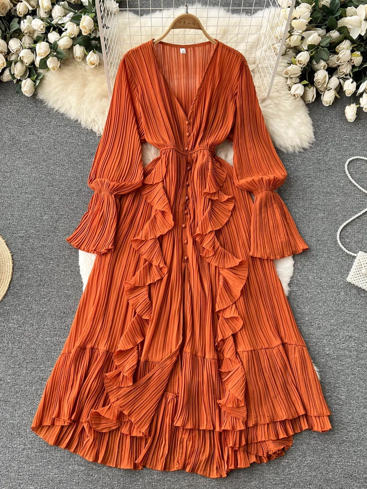 

Women Elegant Chiffon Solid Seaside Vacation Long Dress Summer Ruffled V-neck Lantern Sleeves Pleat High Waist Loose Robe