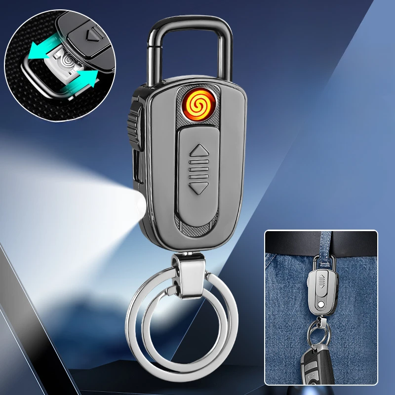 2024 New Metal USB Charging Windproof Lighter Creative Tungsten Wire Igniting Lighter Smoking Accessories Flashlight Keychain