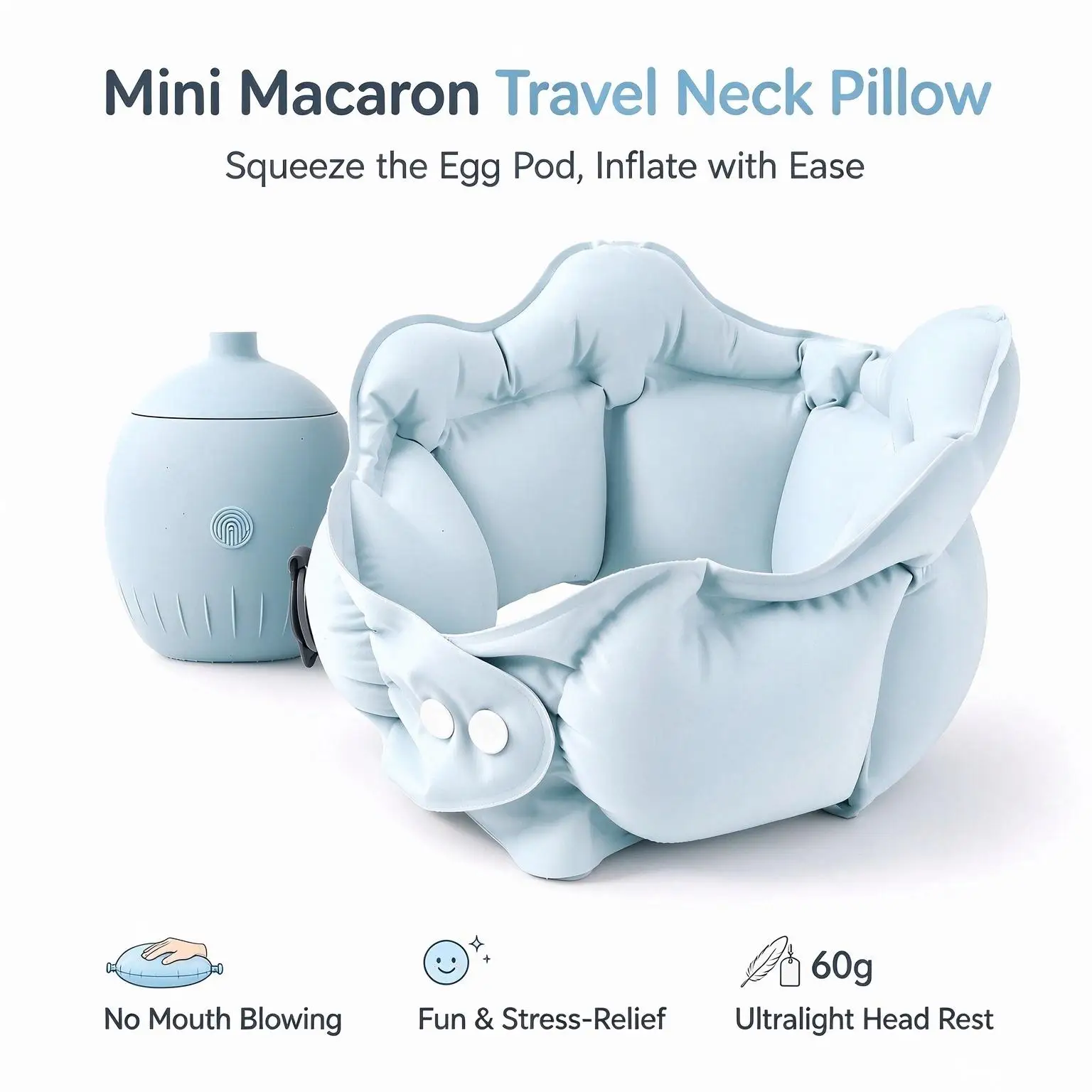 Mini Macaron Neck Pillow, Squeeze Silicone Egg Case to Inflate, Stress-Relief & Easy, 60g Soft U-Shape for Head Rest