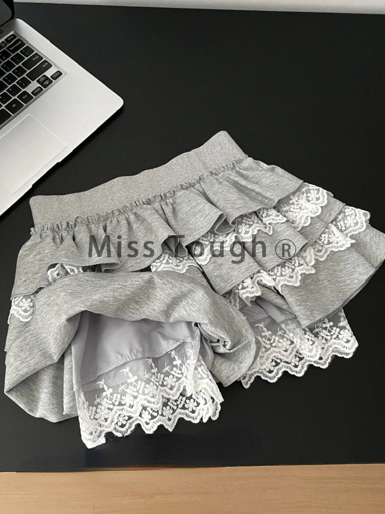 Autumn Designer Elastic Waist Lace Short Skirt Women Vintage Chic Natural Solid Patchwork Skirts Sweet Loose A-line Skirt New