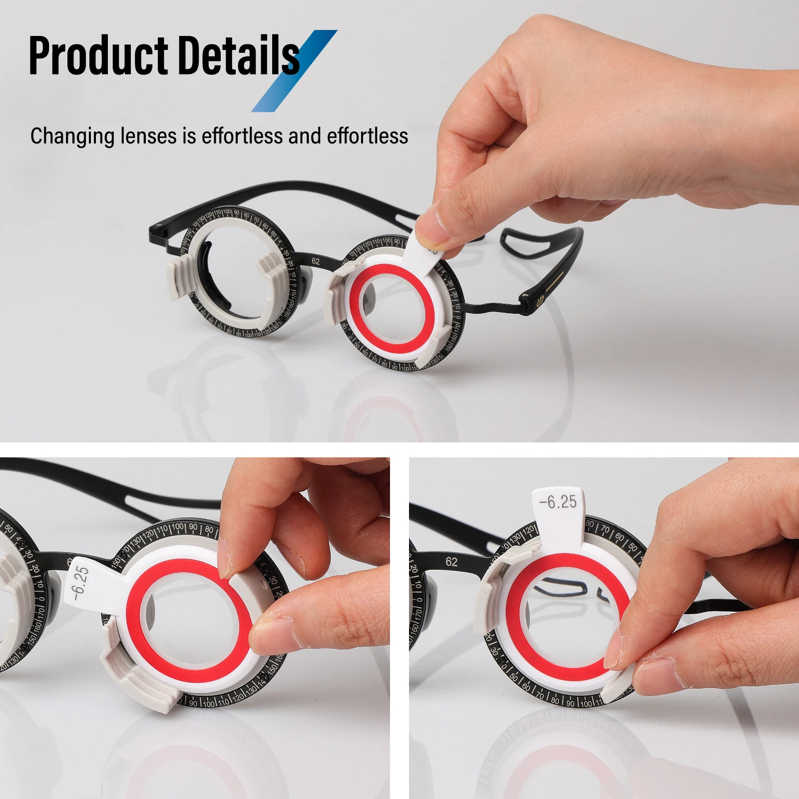 Super Light Stainless Steel Trial Frame for Optometry Professional with 4 Insert Lenses Compatibility 360 Degrees Free Rotation