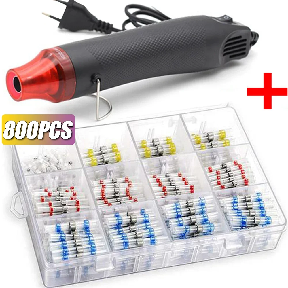 50/800PCS Wire Cable Splice Terminal Kit Waterproof Heat Shrink Butt Crimp Terminals Solder Seal Electrical with Hot Air Gun