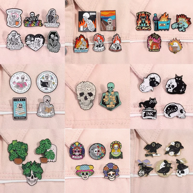 2-6 teile/satz Punk Skeleton Emaille Pin Schädel Reader Angst Skelett Überdenken Broschen Revers Abzeichen Schmuck Geschenke für Freunde