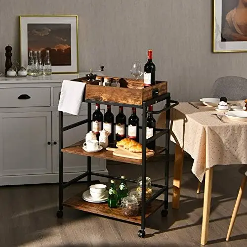 

Kitchen Island Cart, Industrial Cart on Wheels, Rolling Kitchen Service Carts, Removable Top, Handle Rack, Wood Trolley Utility