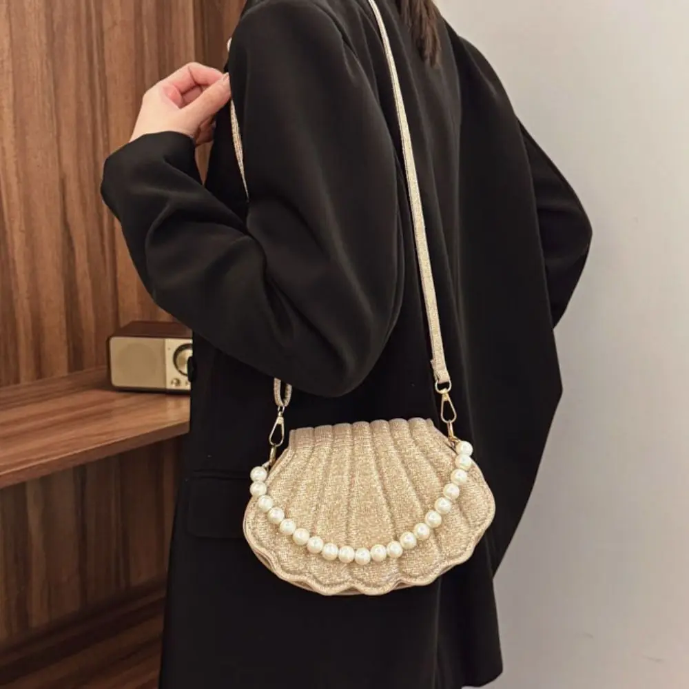 

French Shell Shape Evening Banquet Bag Pearls Handle Wrist Bag Box Handbag Glitter Shoulder Bag Ladies Clutch Bag Party