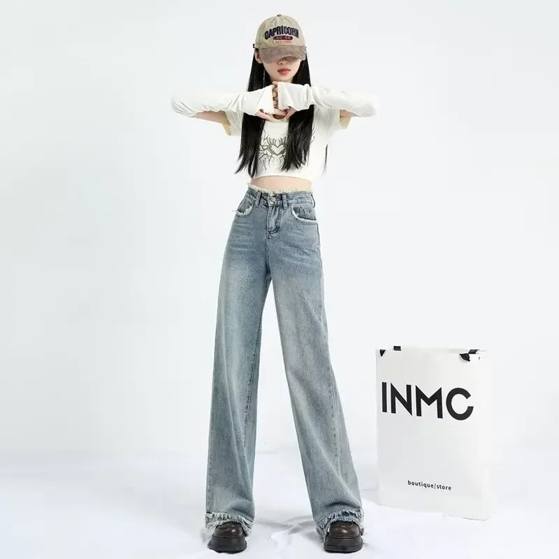 

Джинсы женские с необработанными краями в стиле пэчворк с карманами, прямые свободные повседневные универсальные дизайнерские темпераментные джинсовые брюки с высокой талией, новинка осени