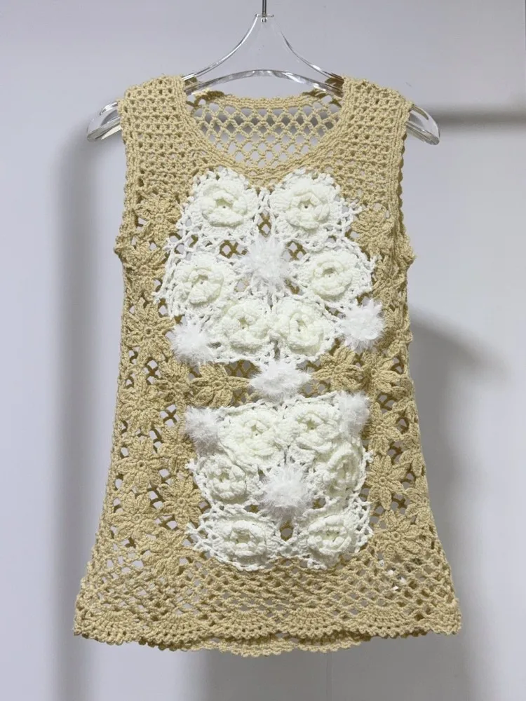 Hot Sale New Style Womens Hollow Out Handmade Crochet Vests Knitted Tops Daily Fashion Pullover Sleeveless O-Neck Sweet Vest