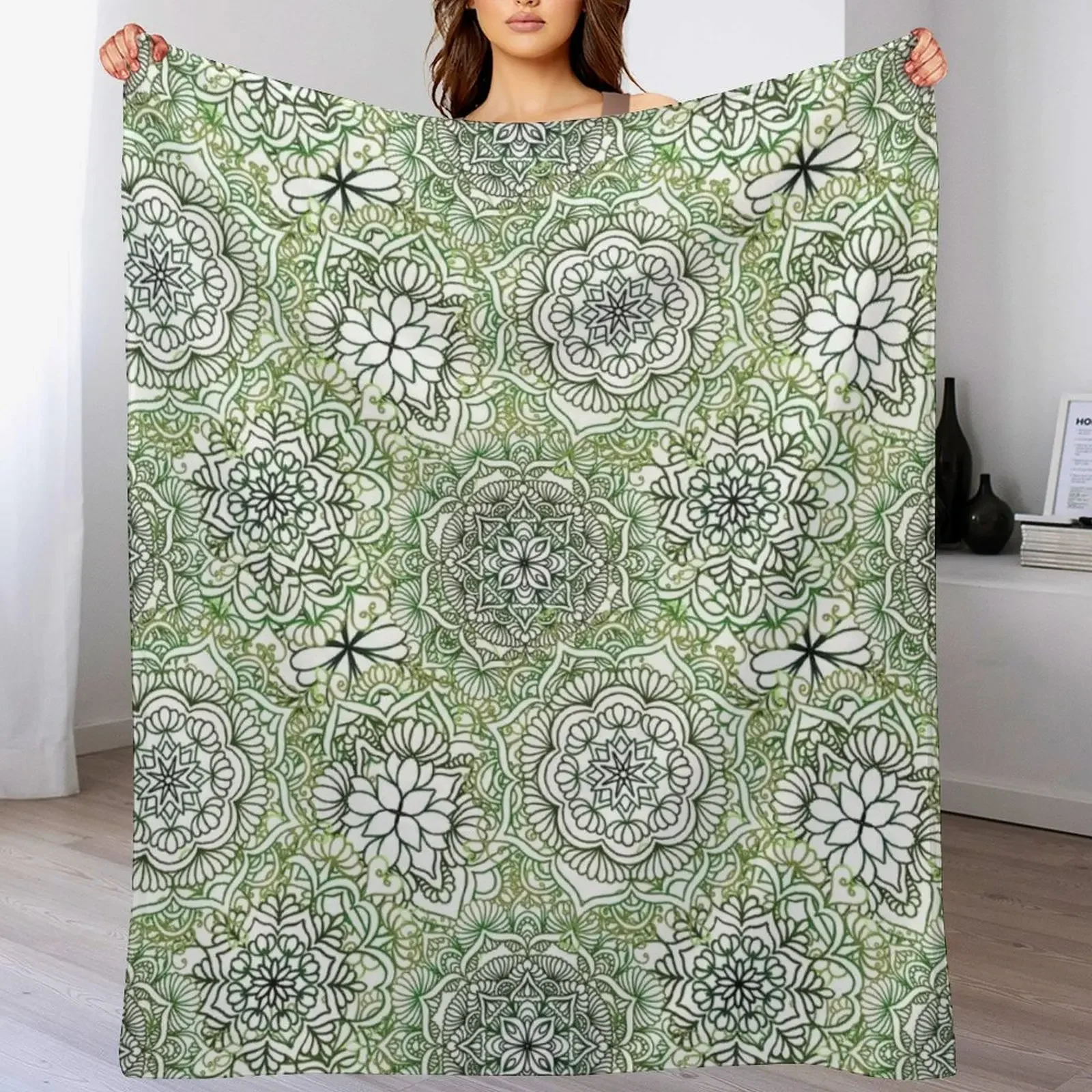 

Olive Green Happy Mandalas Throw Blanket Portable Lightweight Blanket for Travel Camping