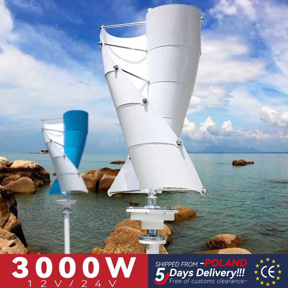 

EU Spiral Wind Vertical Turbine Generators 3KW 12v 24v Alternative Free Energy Windmill With MPPT Hybrid Controller Homeuse