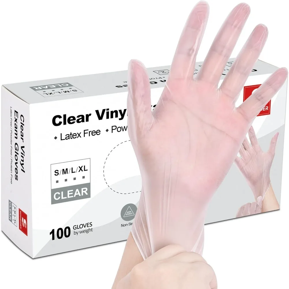 Guantes de examen de vinilo transparente, sin látex, guantes médicos desechables, guantes de limpieza, seguros para alimentos, sin polvo, 4 mil