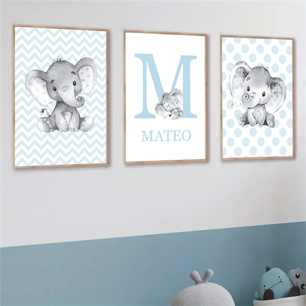 Cute Blue Elephant Art Prints Baby Custom Name Canvas Painting Cartoon Animal Nursery Wall Art Poster Picture Kids Room Decor
