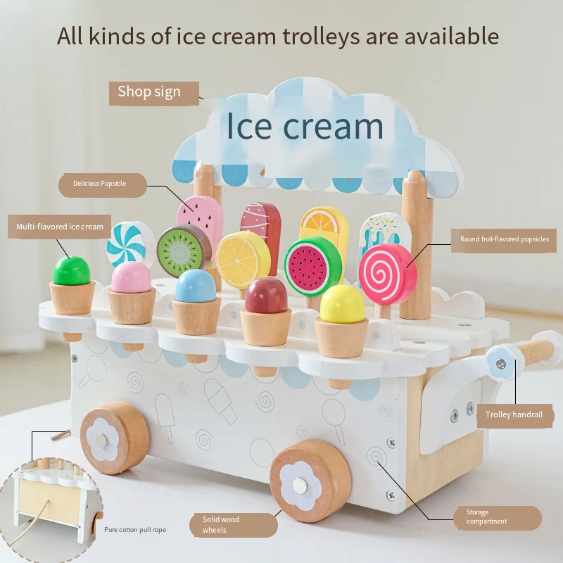 Realistic Ice Cream Cart Pretend Play Toy - Kids Role-Play Shop Set with Popsicles & Cones, Educational Toddler Interactive Cart