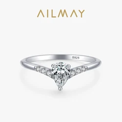 Ailmay Top Quality Real 925 Sterling Silver Fashion Water Drop Shape CZ Finger Ring For Women Luxury Wedding Accessories Jewelry