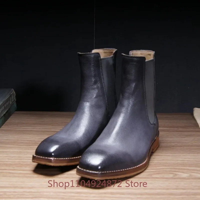 British Style Camel Genuine Leather High Top Chelsea Boots Men's Shoes Handmade Retro Square Toe Business Oxford Work Boots