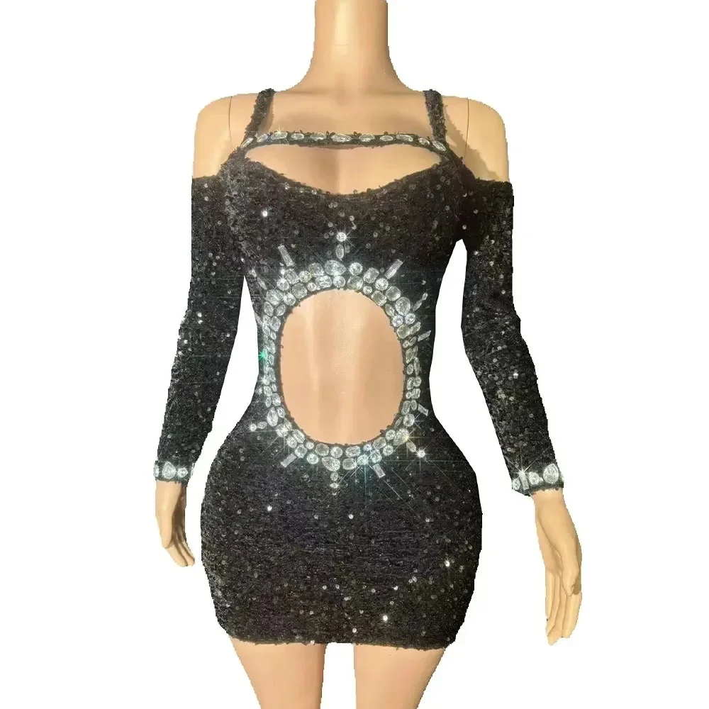 

Sparkly Rhinestones Black Sequins Hollow Out Off-Shoulder Short Dress for Women Evening Party Performance Costume Singer Dress