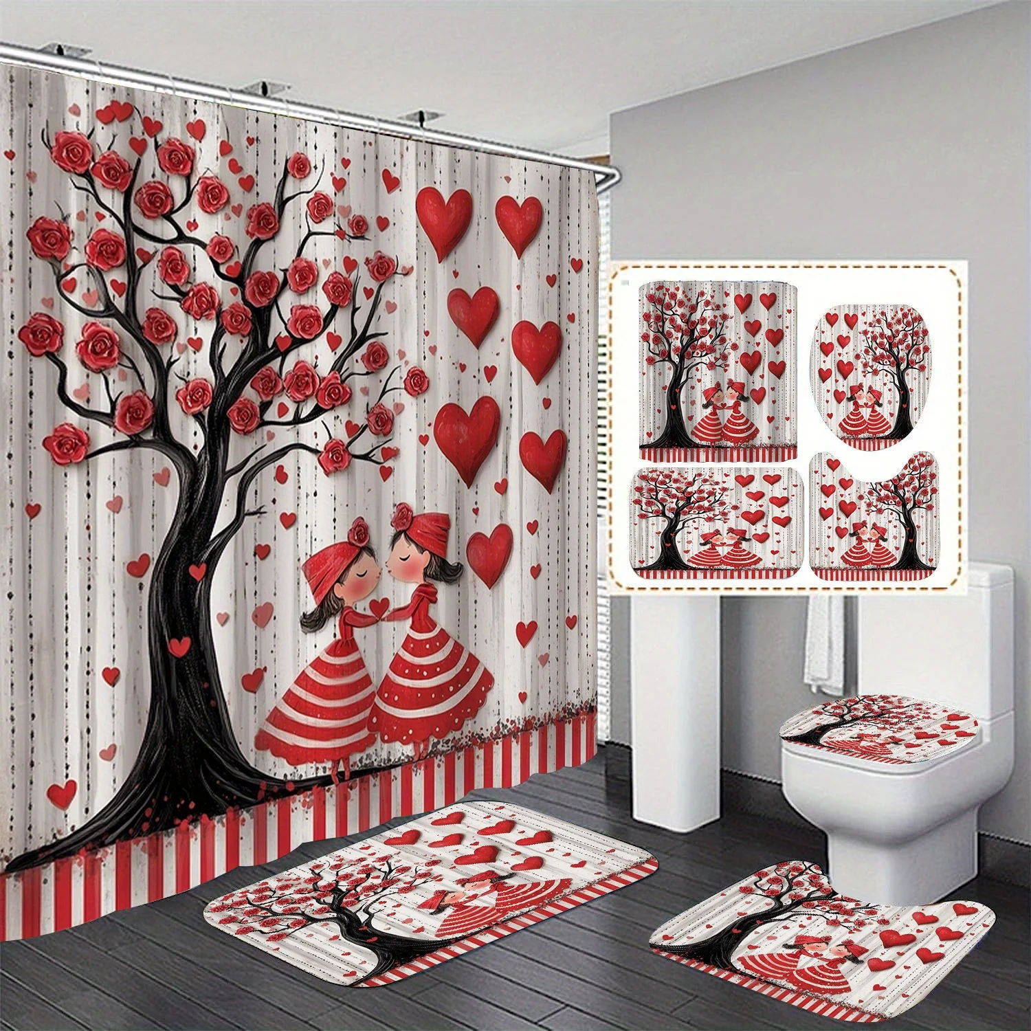 

4pcs Heart Tree Gnome Bathroom Set, Includes Printed Shower Curtain with Hooks, Non-Slip Mat, 12 Plastic Toilet Lid Covers