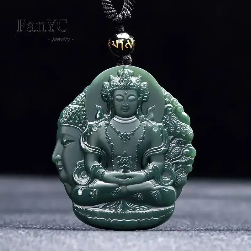 

Natural Hetian Jade Blue Jade Pendant Double-sided Carved God Magic Buddha Boutique Necklace Men and Women Lucky Amulet