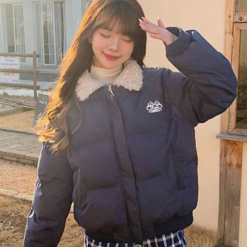 Lambswool Turn Down Collar Short Parkas Women American Retro Long Sleeve Cotton Padded Jackets Woman Thicken Warm Cropped Parkas