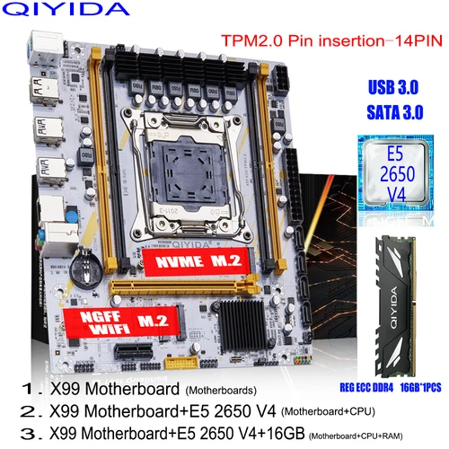 Juego de placa base QIYIDA X99 LGA 2011-3 Kit procesador de CPU Xeon E5 2650 V4 con memoria RAM DDR4 ECC de 16GB SATA3.0 USB 3,0 NVME M.2