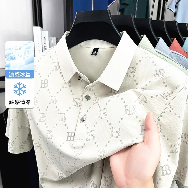 Herren-Poloshirt aus Eisseide mit Buchstaben-All-Over-Print, kühlend, atmungsaktiv, kurzärmelig, mit Reverskragen, für Business und Alltag